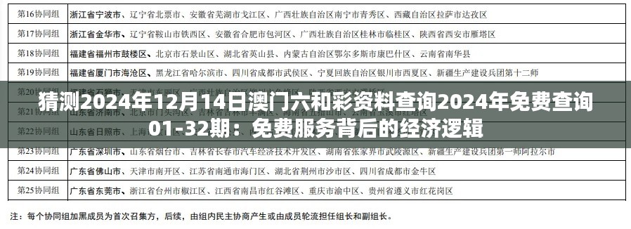 猜测2024年12月14日澳门六和彩资料查询2024年免费查询01-32期：免费服务背后的经济逻辑